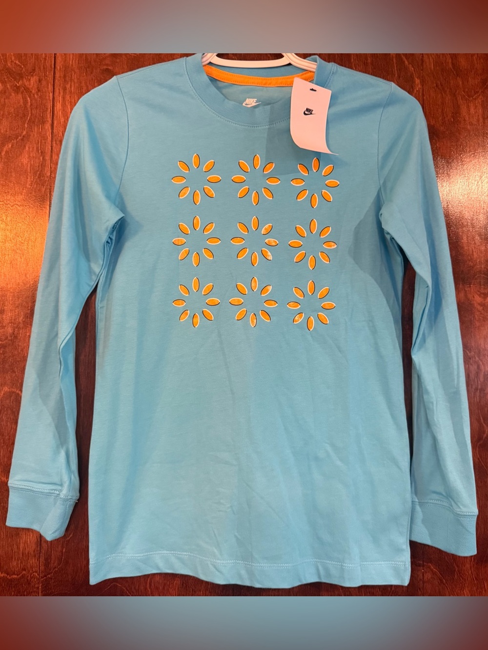 Nike Girls Size M Blue Orange Daisy Floral Long Sleeve Graphic Tee NWT